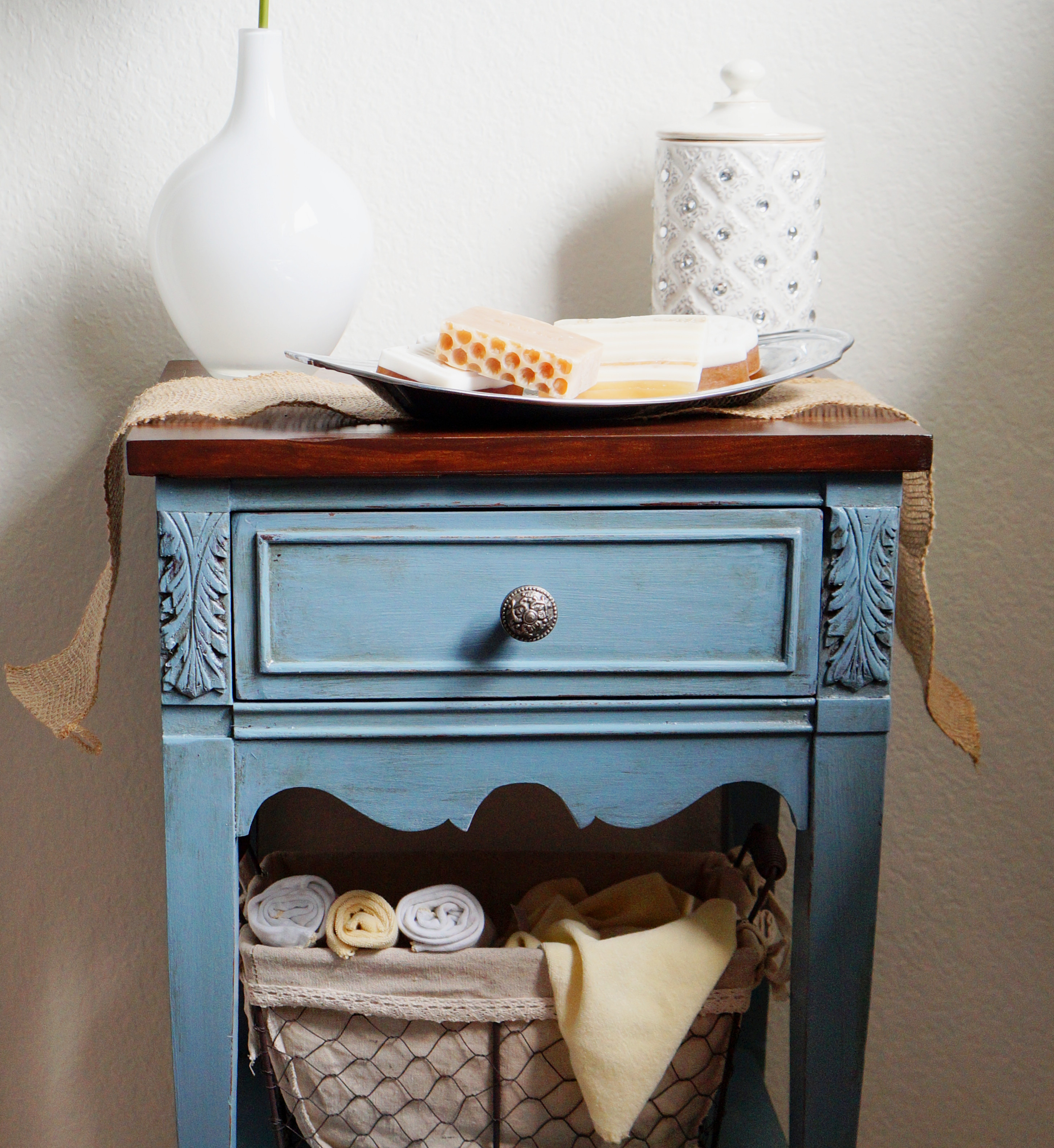 A cute side table in “Lyric Blue”