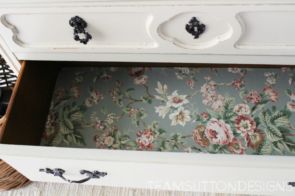 Shabby Chic Floral wallpaper reused as drawer liner