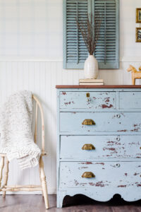 A quaint dresser makeover featuring Solstice Blue Milk Paint…