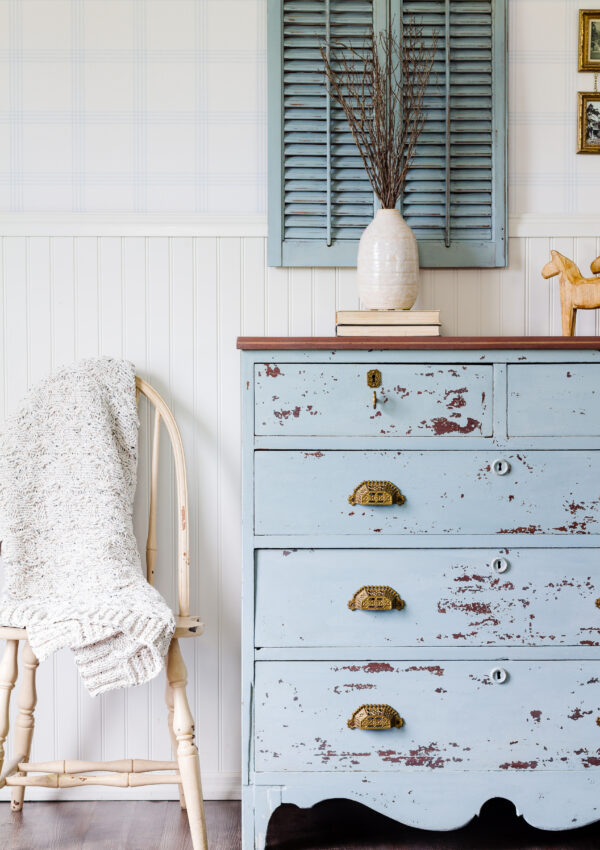 A quaint dresser makeover featuring Solstice Blue Milk Paint…