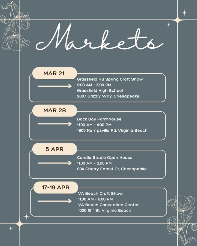 ✨UPDATED MARKET SCHEDULE ✨

Mark your calendars because here’s the latest lineup!

My son’s baseball schedule takes priority, so some dates may shift accordingly. However, more popups could still be added so STAY TUNED!

⭐️IMPORTANT UPDATE ⭐️

Candle Studio Open House ➡️ Moved to April 5th!

#makersmarket #candlebusiness #hamptonroads #savethedate #popupevent