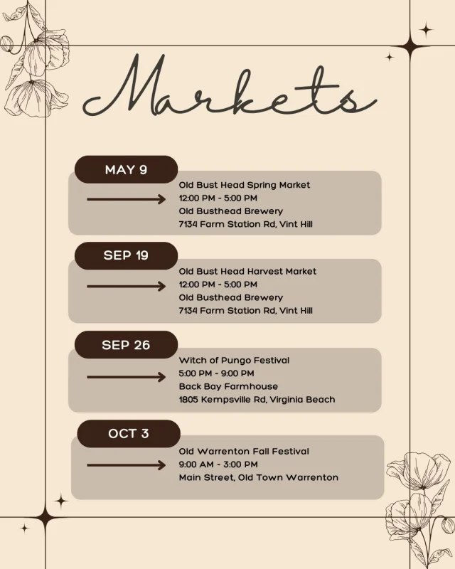 🎃Vendor Market season starts next week! 🍁

Here’s an updated list of where you can find us and don’t forget, you can book private shopping appointments with us through our website (link in bio). Hope to see y’all soon!

#vendormarket #handmade #candleseason #shopsmall #chesapeakeva