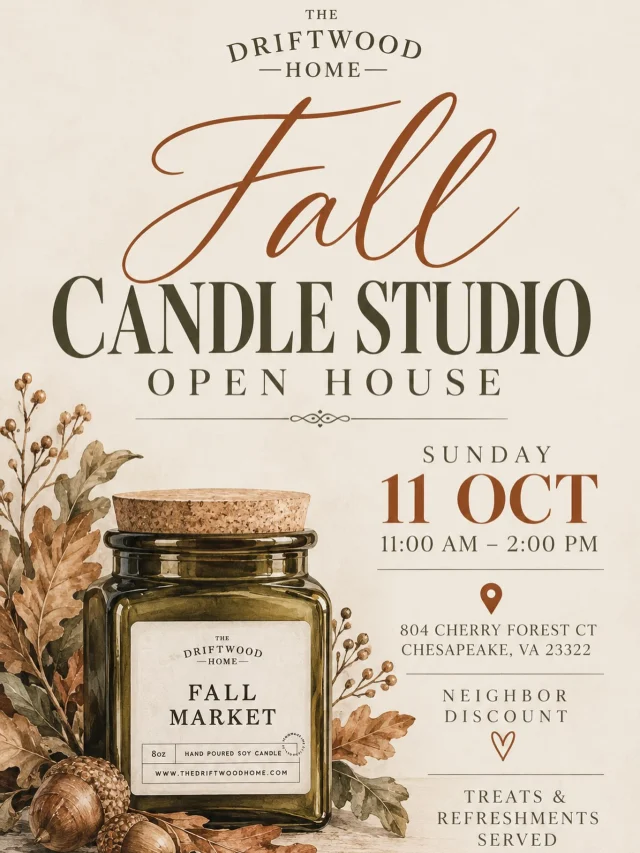 We’re opening the doors to our candle studio, and you’re invited!

Join us for a cozy Sunday filled with all things fall. Shop hand-poured candles and seasonal fragrances while enjoying some sweet treats, and a little behind-the-scenes peek at where the I create my products.

🍁 Sunday, October 11
🕯️ 11 AM – 2 PM
📍 804 Cherry Forest Ct, Chesapeake, VA 23322

Bring a friend, stop by, and say hello. We’d love to see you!

Crystal @ The Driftwood Home

#TheDriftwoodHome #CandleStudio #FallCandles #ShopSmall ShopLocal ChesapeakeVA HamptonRoadsSmallBusiness HandPouredCandles FallVibes